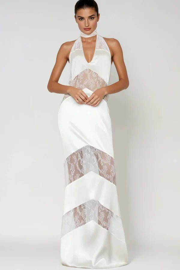 Amber Satin Lace Cutout Floral Maxi Dress
