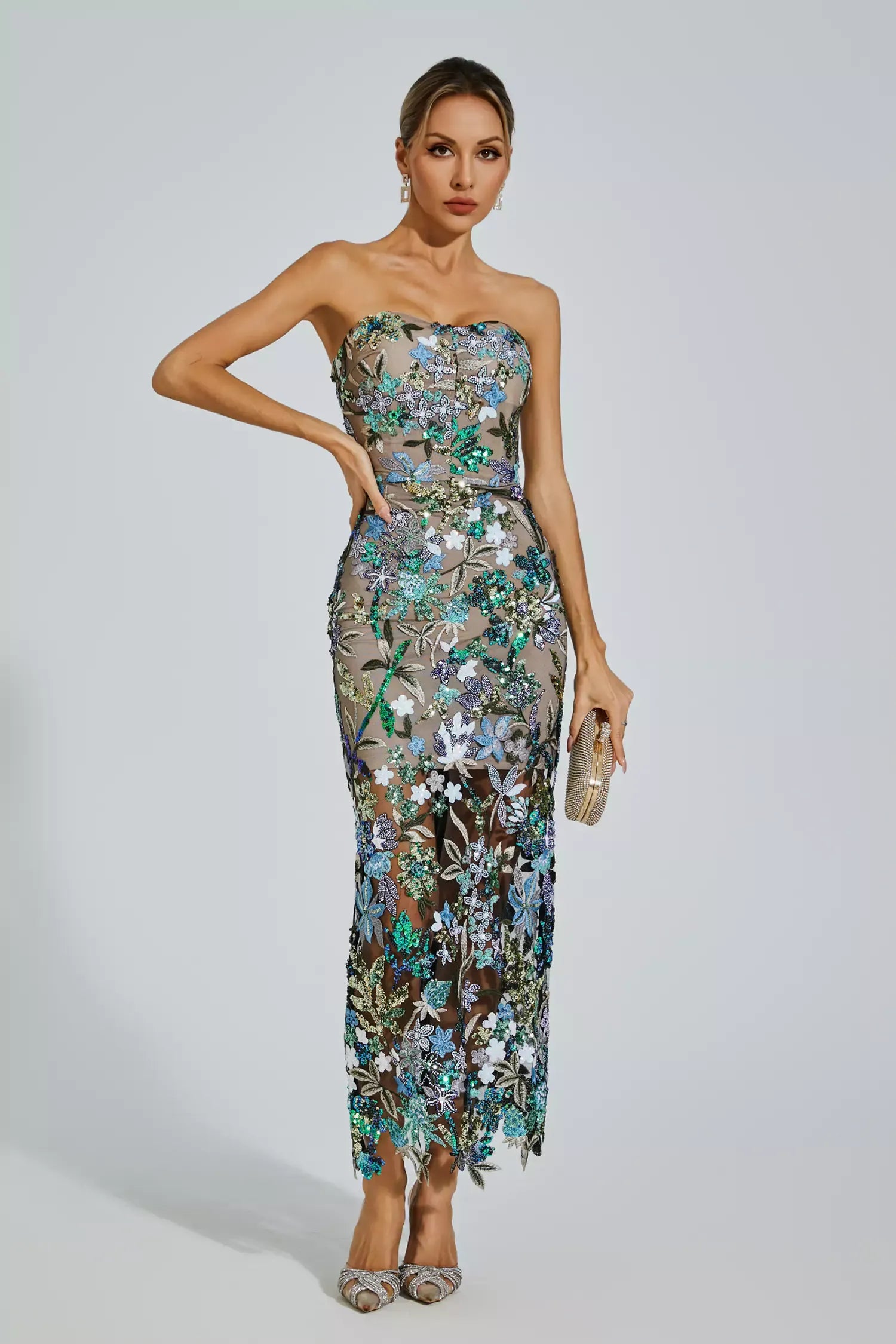 Annebel Blue Flower Embroidered Maxi Dress