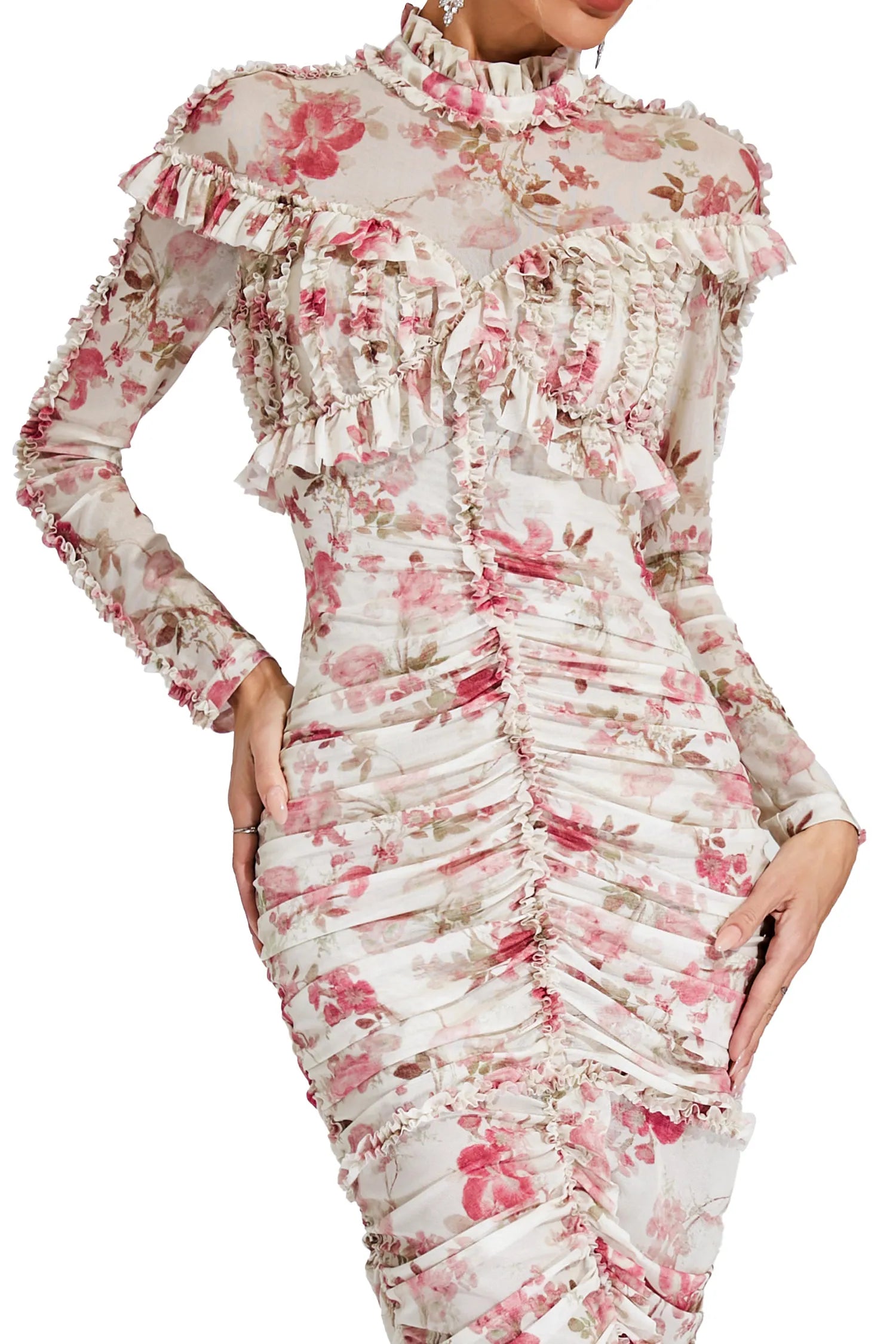 Cyrielle - Ruched Floral Long Sleeve Dress