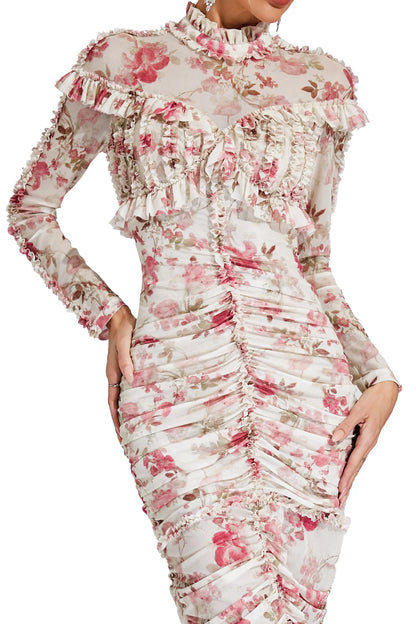 Cyrielle - Ruched Floral Long Sleeve Dress