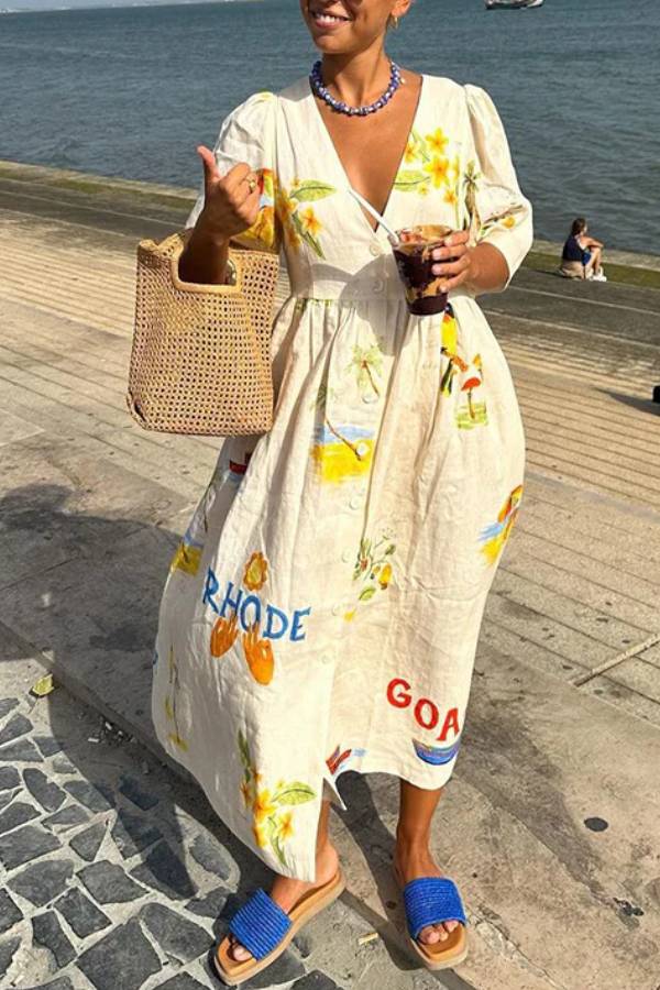 Liza - Printed Linen Midi Dress