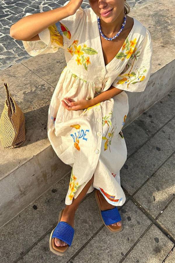 Liza - Printed Linen Midi Dress