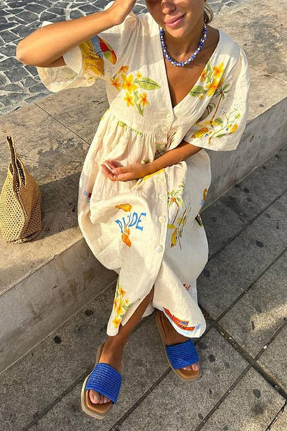 Liza - Printed Linen Midi Dress