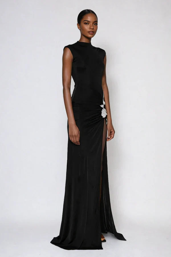 Rayah Rhinestone Flower Split Maxi Dress
