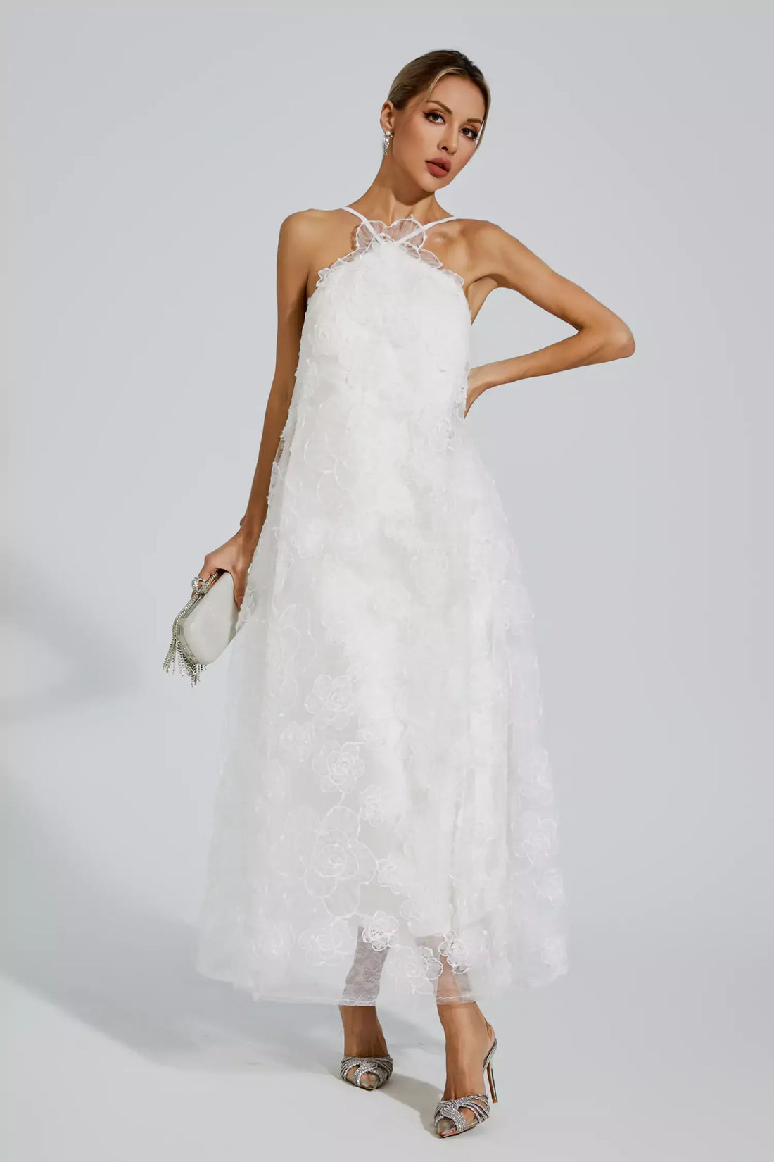Luna White Lace Flower Maxi Dress