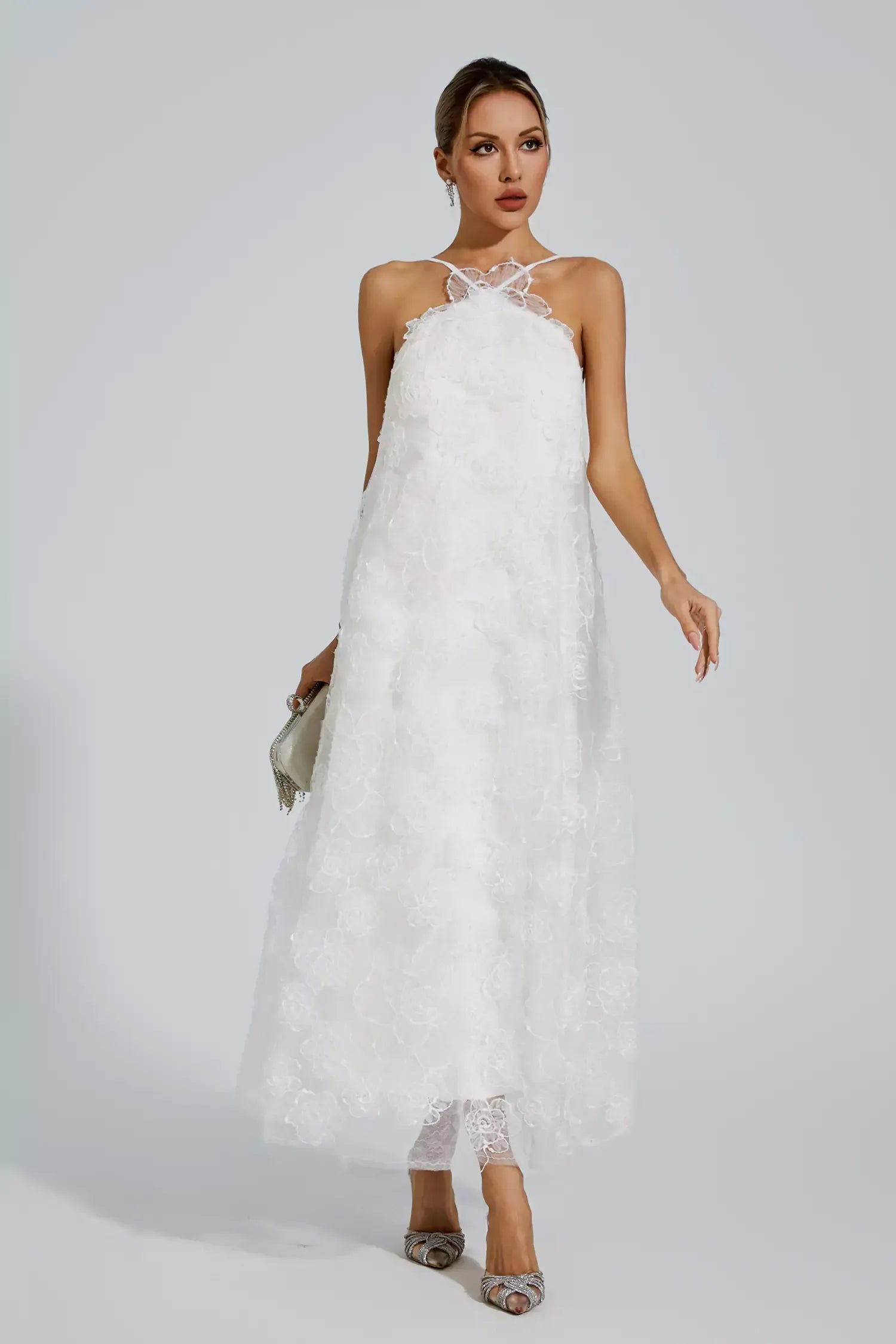 Luna White Lace Flower Maxi Dress