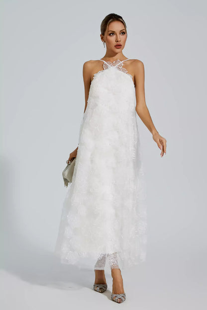 Luna White Lace Flower Maxi Dress