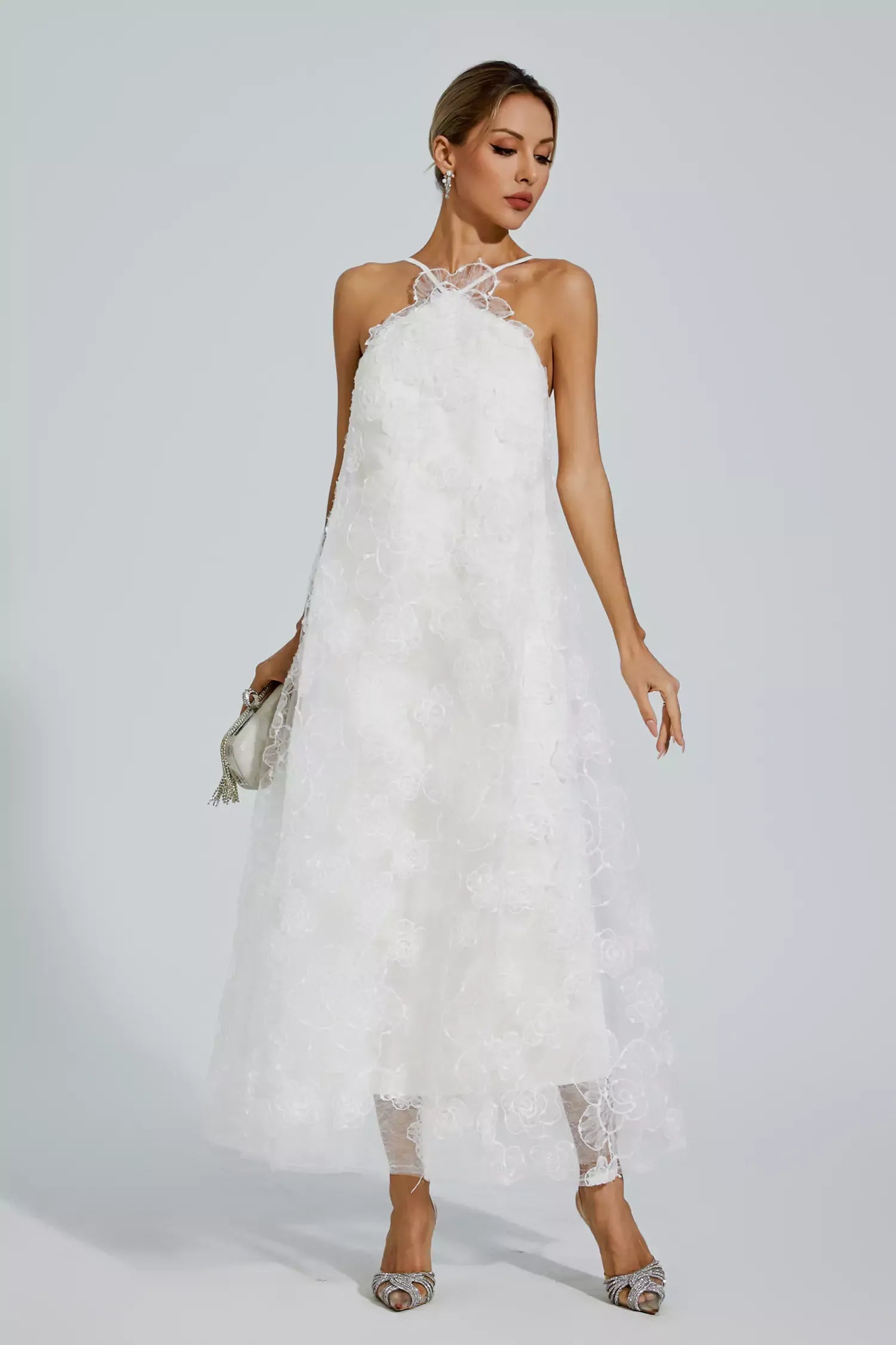 Luna White Lace Flower Maxi Dress