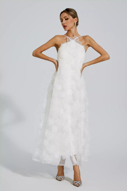 Luna White Lace Flower Maxi Dress
