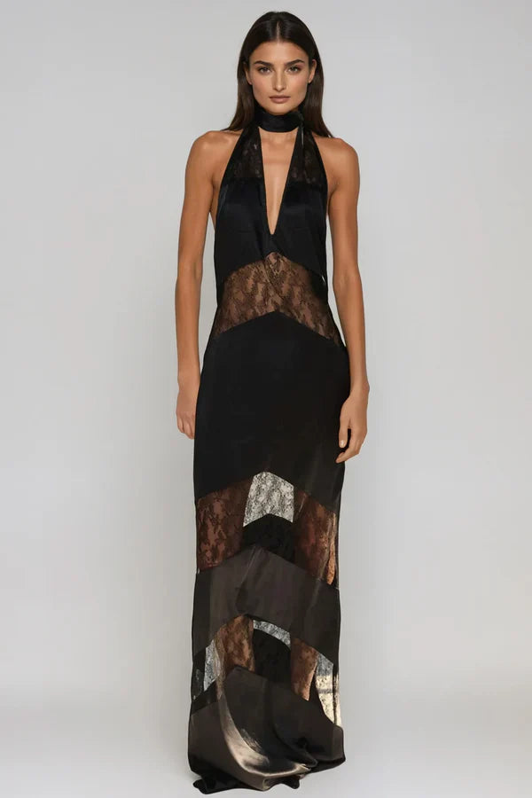 Amber Satin Lace Cutout Floral Maxi Dress