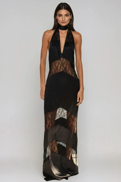 Amber Satin Lace Cutout Floral Maxi Dress