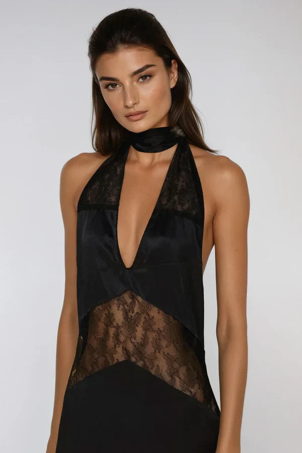 Amber Satin Lace Cutout Floral Maxi Dress
