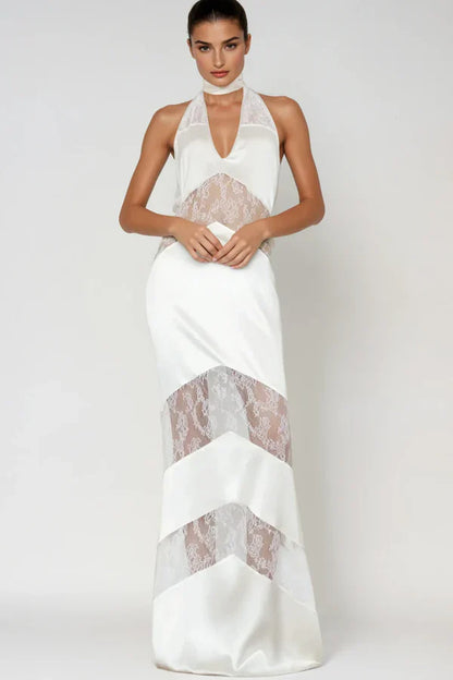 Amber Satin Lace Cutout Floral Maxi Dress