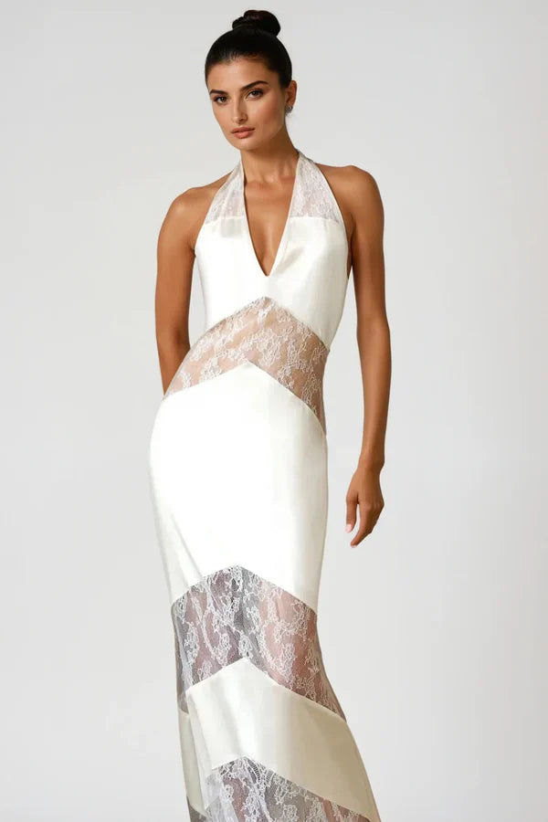 Amber Satin Lace Cutout Floral Maxi Dress