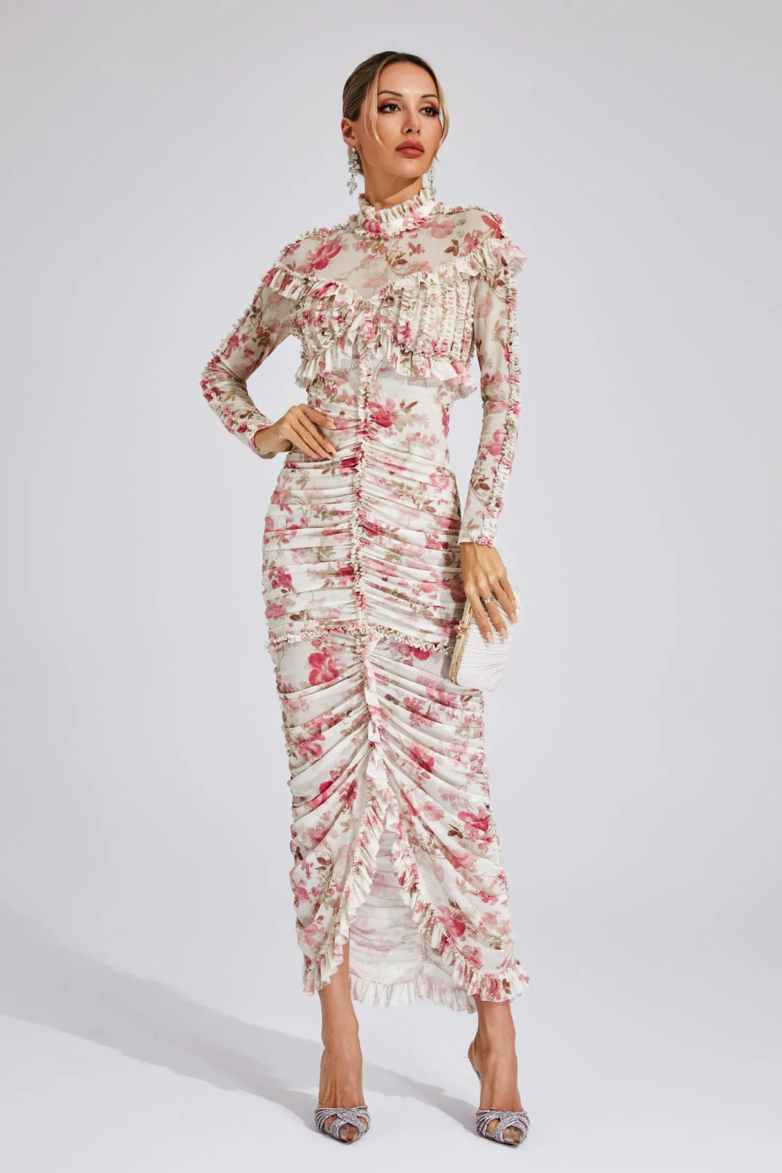Cyrielle - Ruched Floral Long Sleeve Dress
