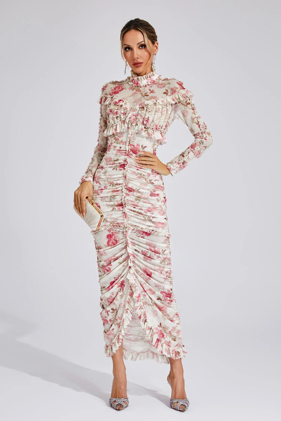 Cyrielle - Ruched Floral Long Sleeve Dress