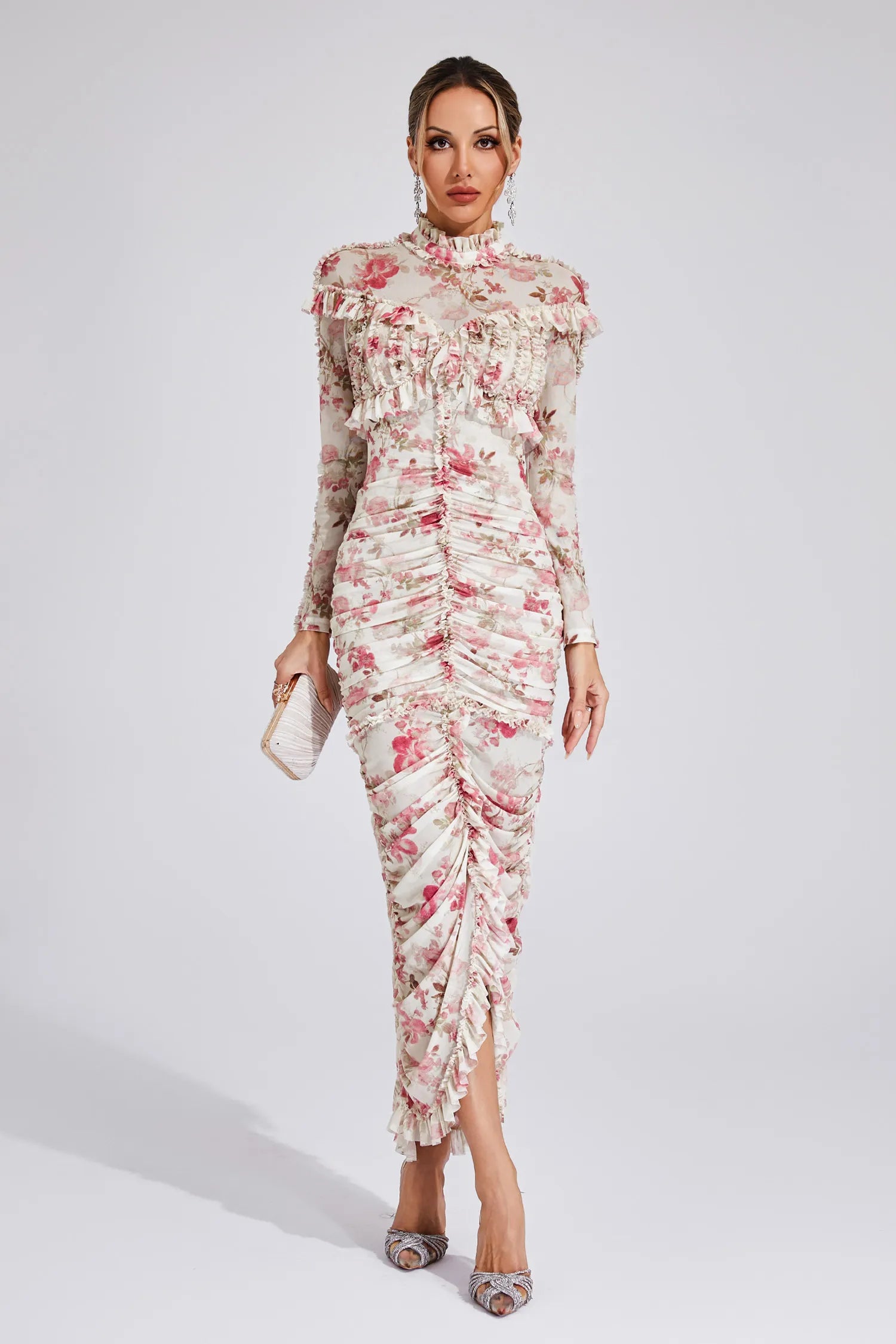Cyrielle - Ruched Floral Long Sleeve Dress