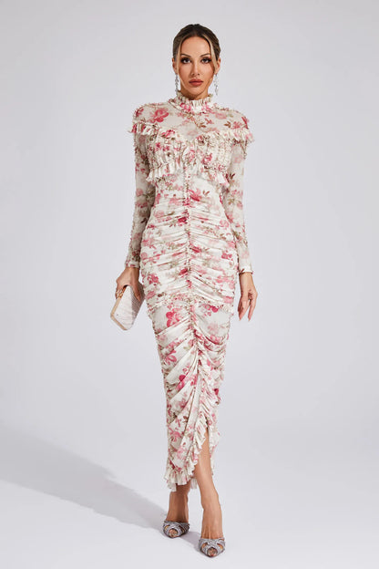 Cyrielle - Ruched Floral Long Sleeve Dress