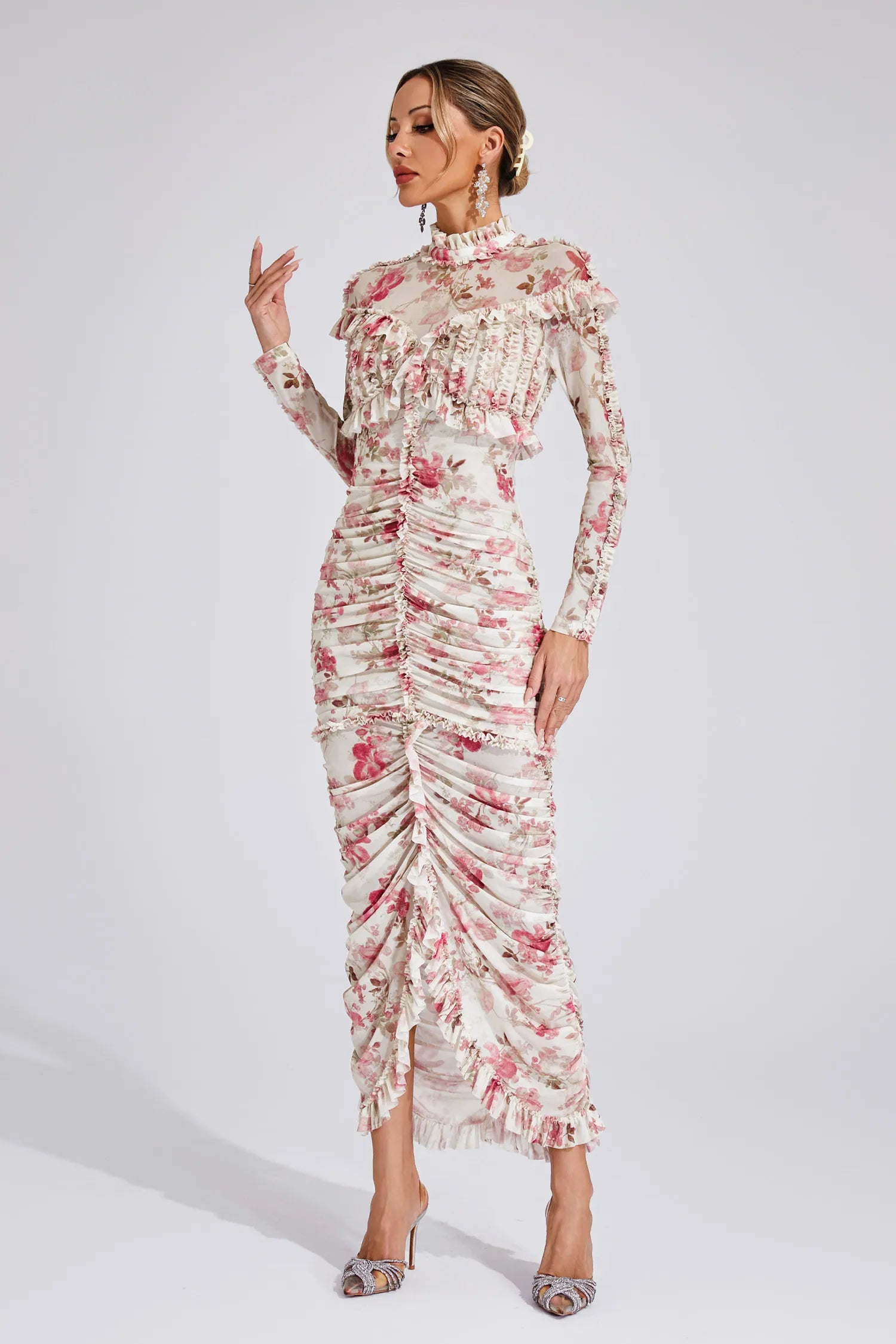 Cyrielle - Ruched Floral Long Sleeve Dress