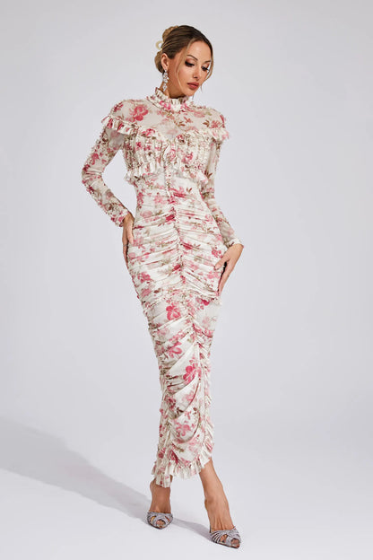 Cyrielle - Ruched Floral Long Sleeve Dress