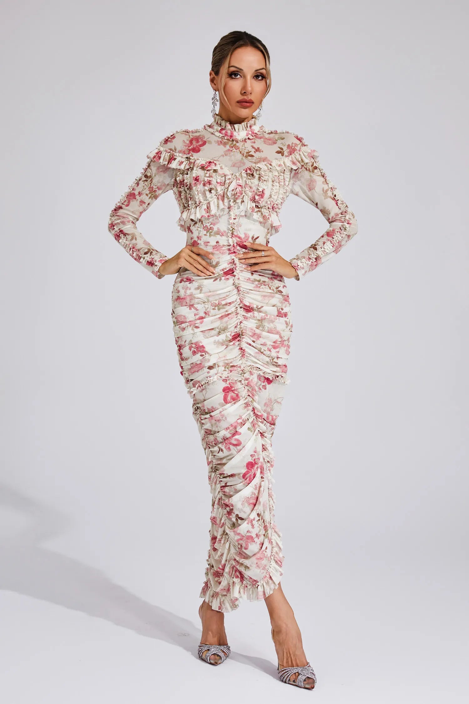 Cyrielle - Ruched Floral Long Sleeve Dress