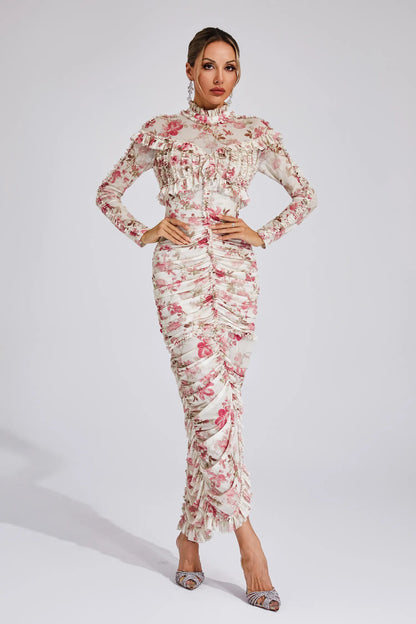 Cyrielle - Ruched Floral Long Sleeve Dress