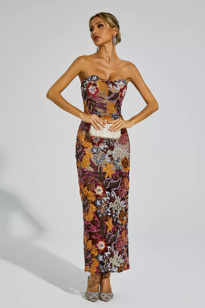 Ruby Red Flower Embroidered Maxi Dress