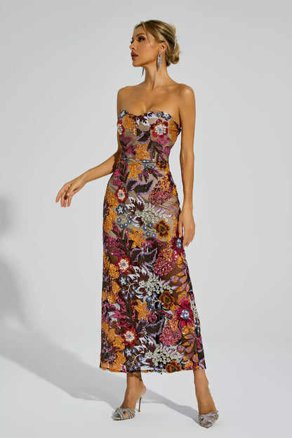 Ruby Red Flower Embroidered Maxi Dress