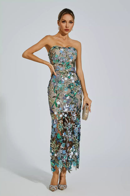 Annebel Blue Flower Embroidered Maxi Dress