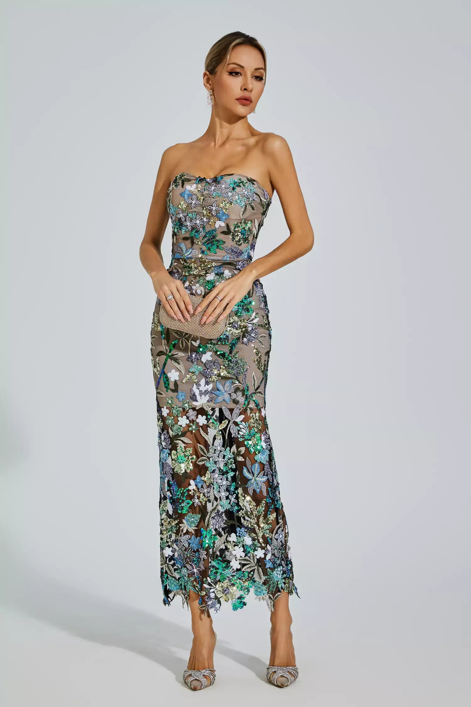 Annebel Blue Flower Embroidered Maxi Dress