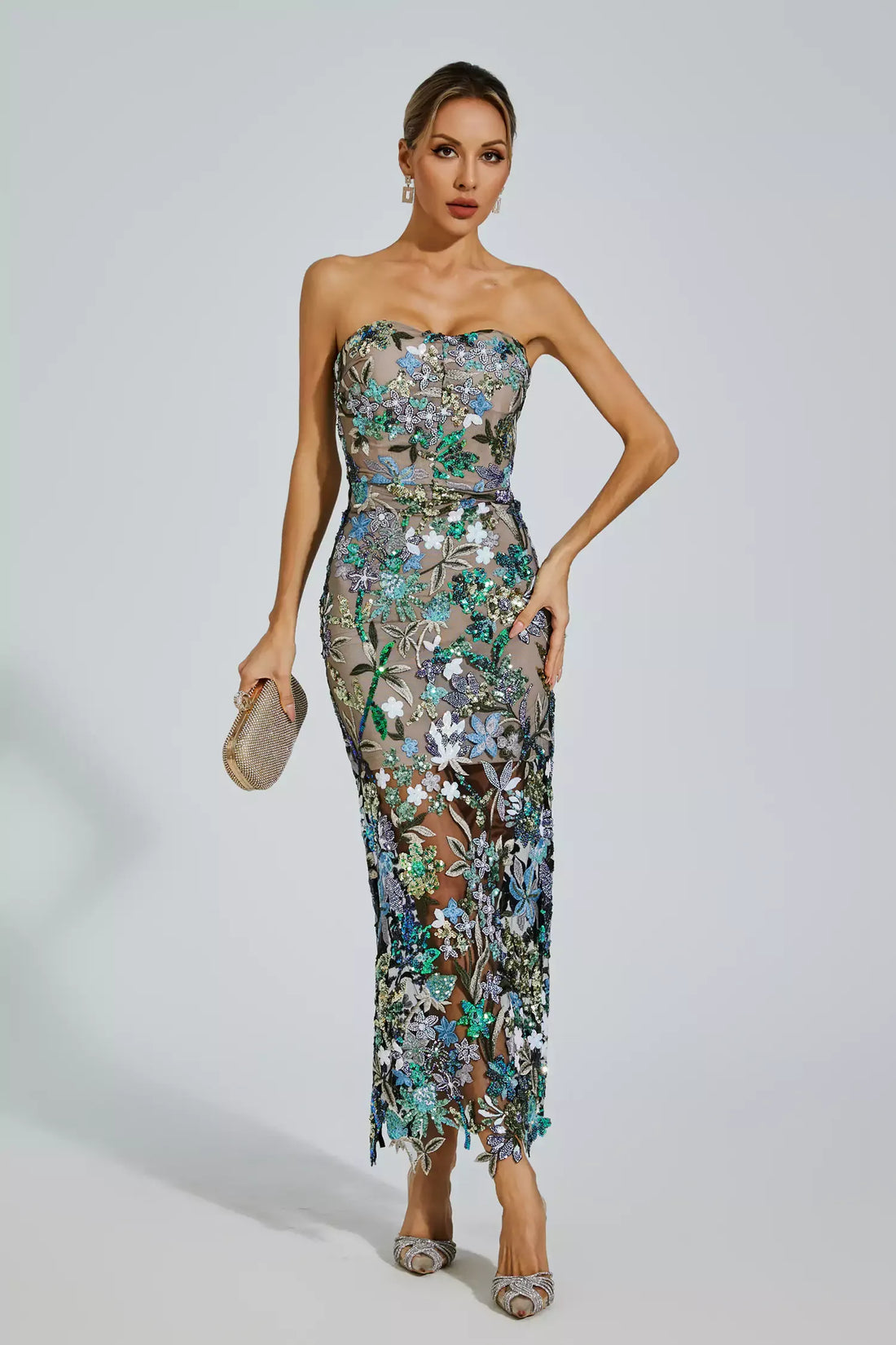Annebel Blue Flower Embroidered Maxi Dress