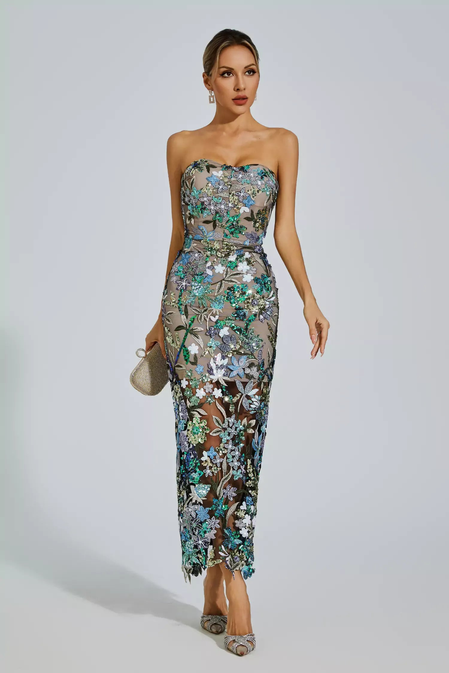 Annebel Blue Flower Embroidered Maxi Dress