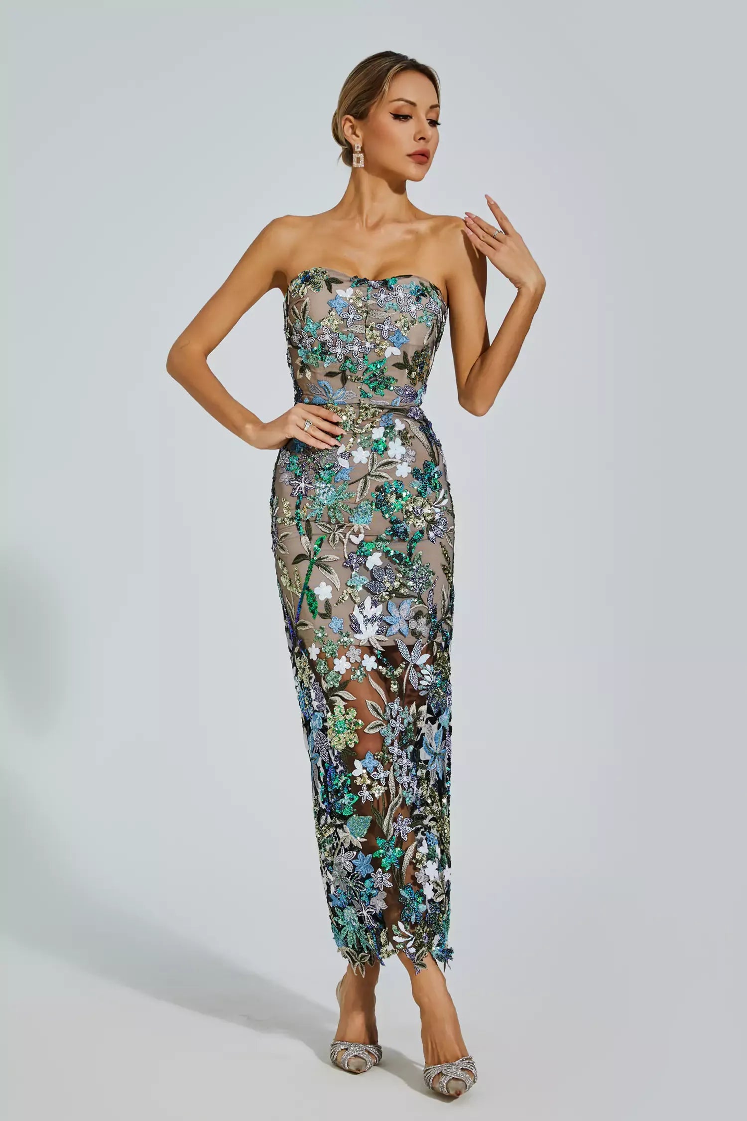 Annebel Blue Flower Embroidered Maxi Dress