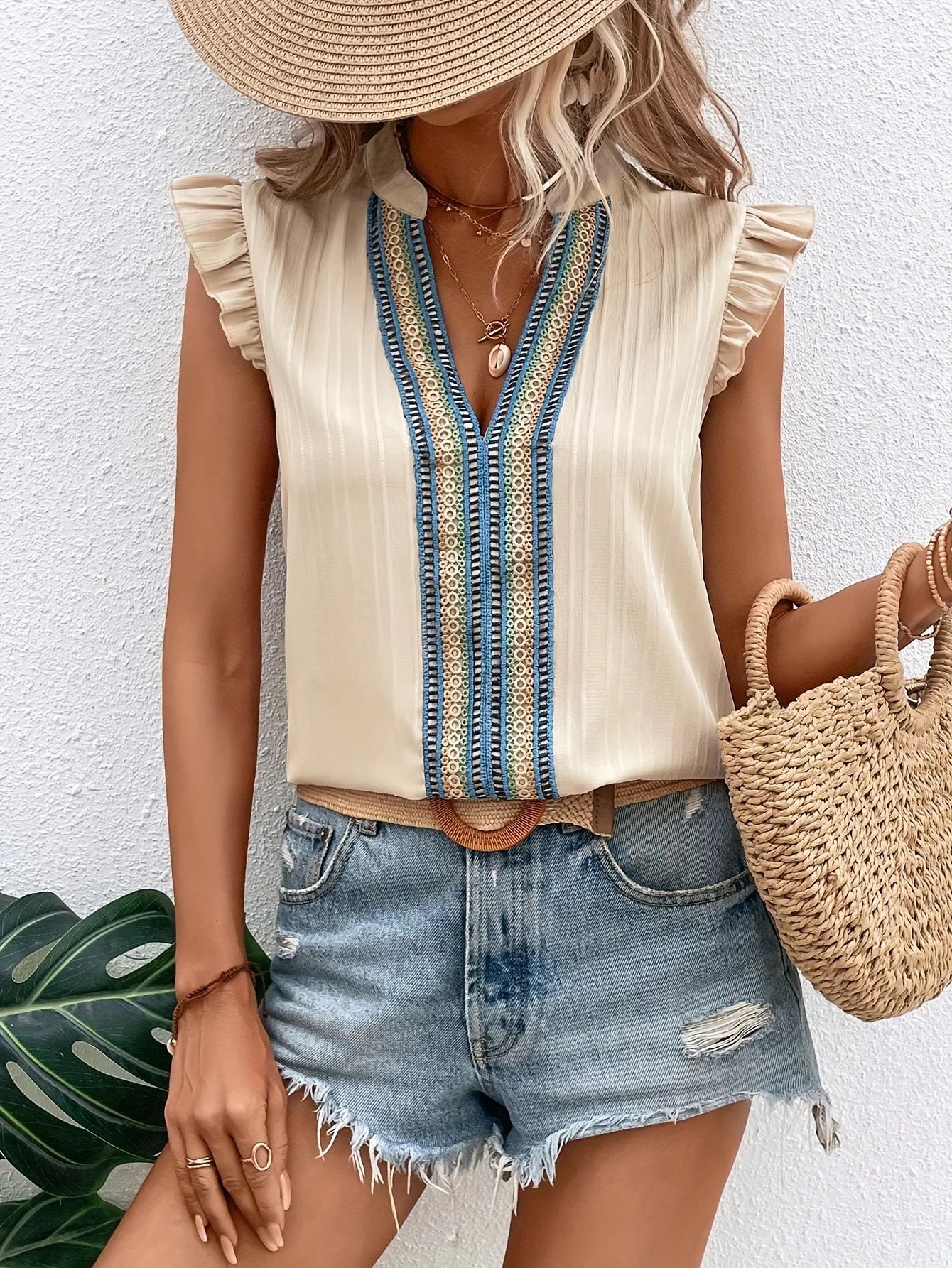 Boho Embroidered Flutter Blouse