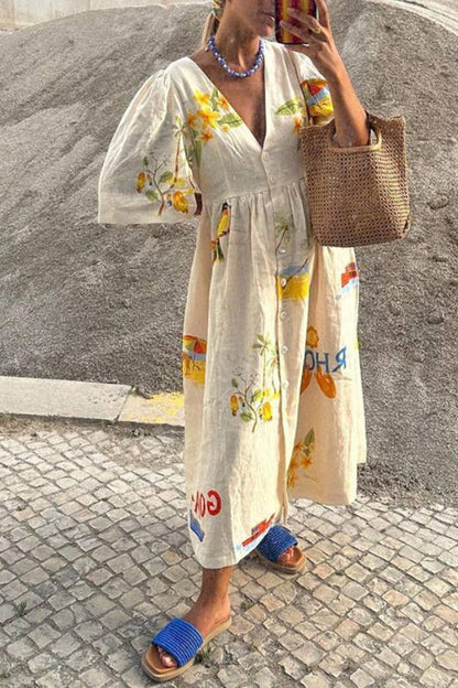 Liza - Printed Linen Midi Dress